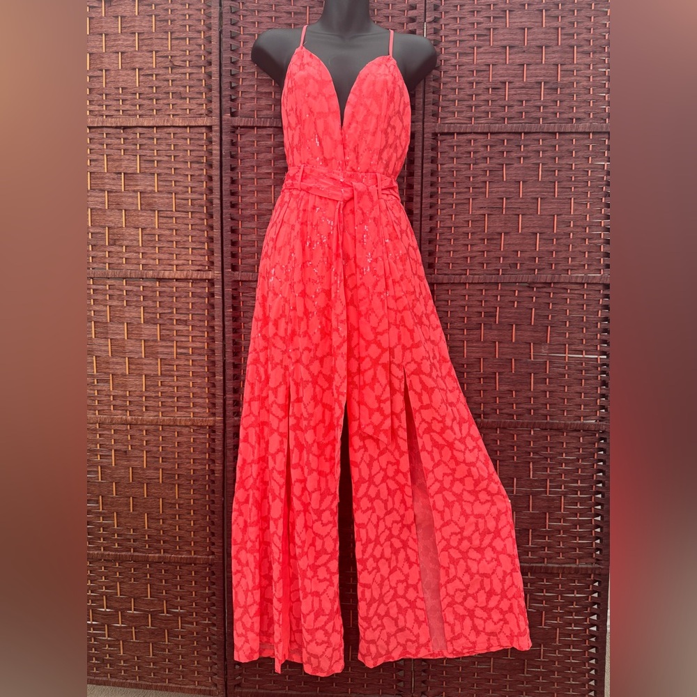AKIRA Vibrant Coral Sequin Halter Belted Jumpsuit With Split Legs - S